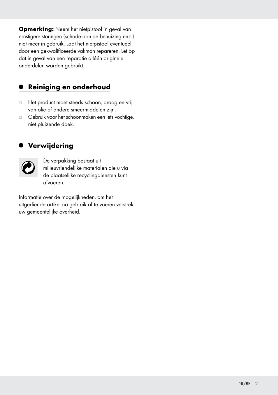 Reiniging en onderhoud, Verwijdering | Powerfix  Z16531 User Manual | Page 21 / 25