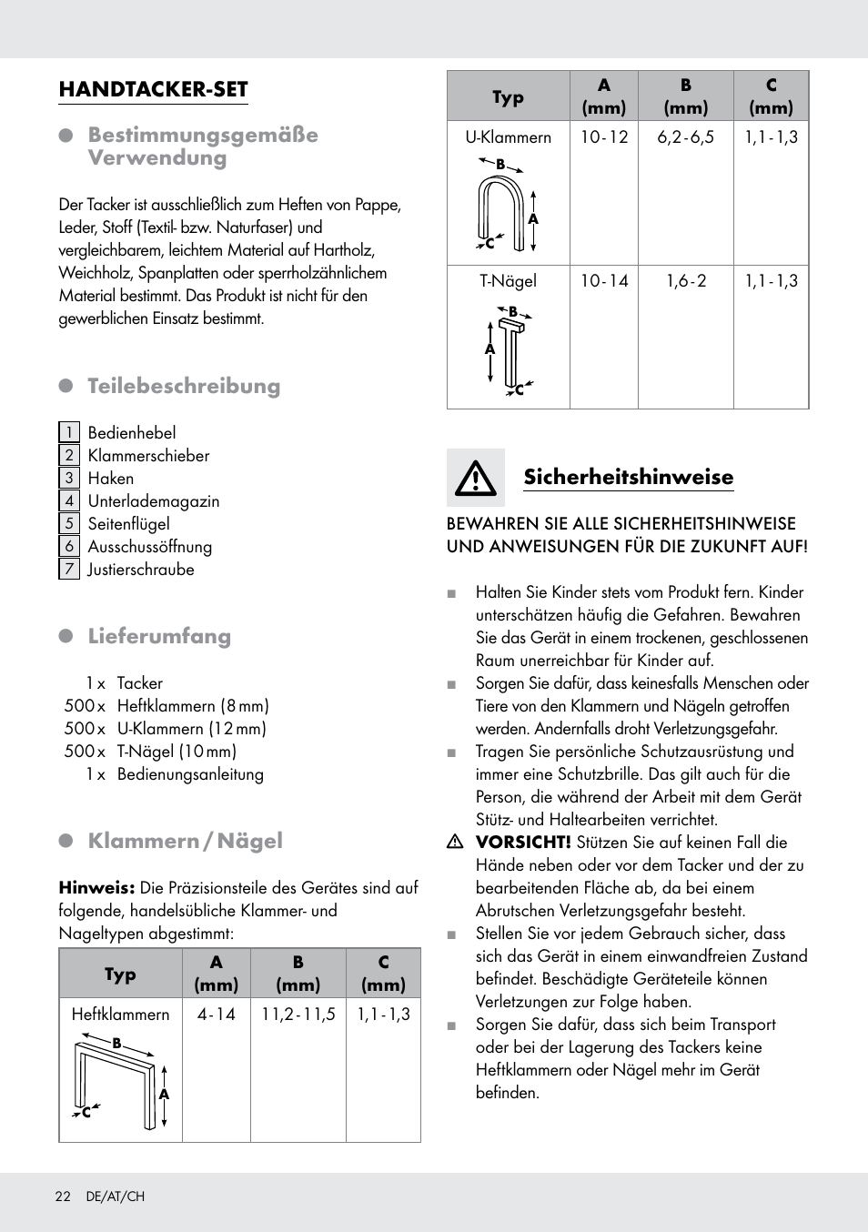 Handtacker-set, Bestimmungsgemäße verwendung, Teilebeschreibung | Lieferumfang, Klammern / nägel, Sicherheitshinweise | Powerfix  Z16531 User Manual | Page 22 / 25