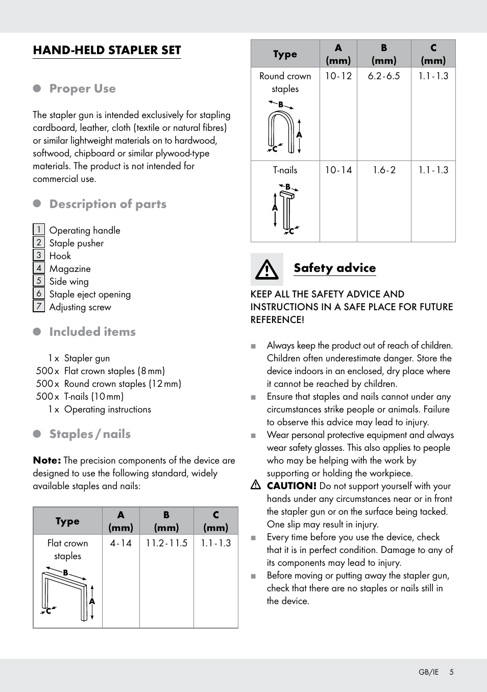 Hand-held stapler set, Proper use, Description of parts | Included items, Staples / nails, Safety advice | Powerfix  Z16531 User Manual | Page 5 / 25