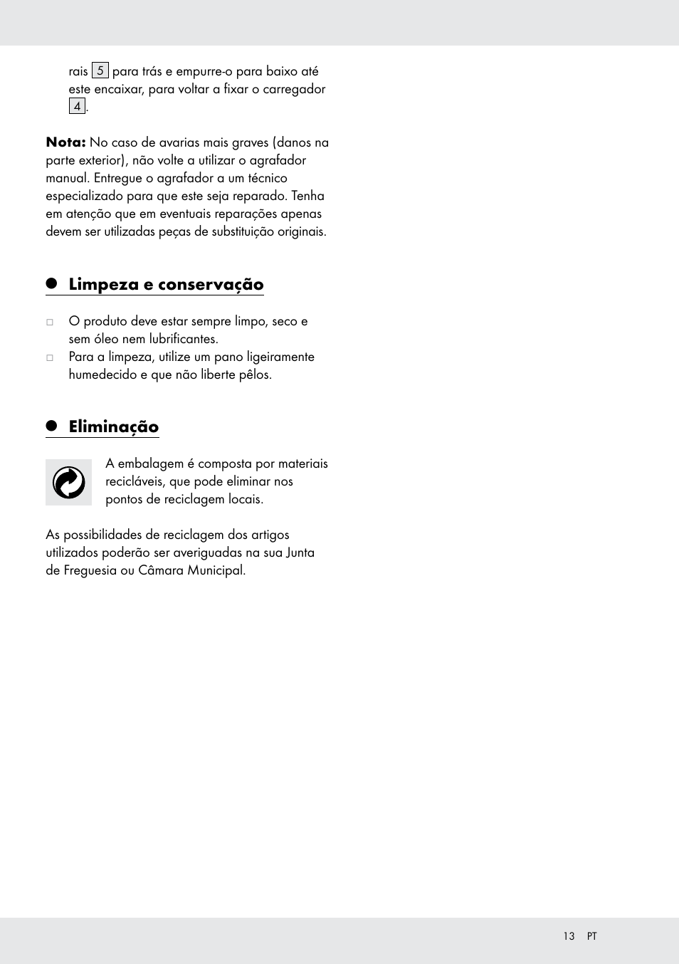 Limpeza e conservação, Eliminação | Powerfix  Z16531 User Manual | Page 13 / 20