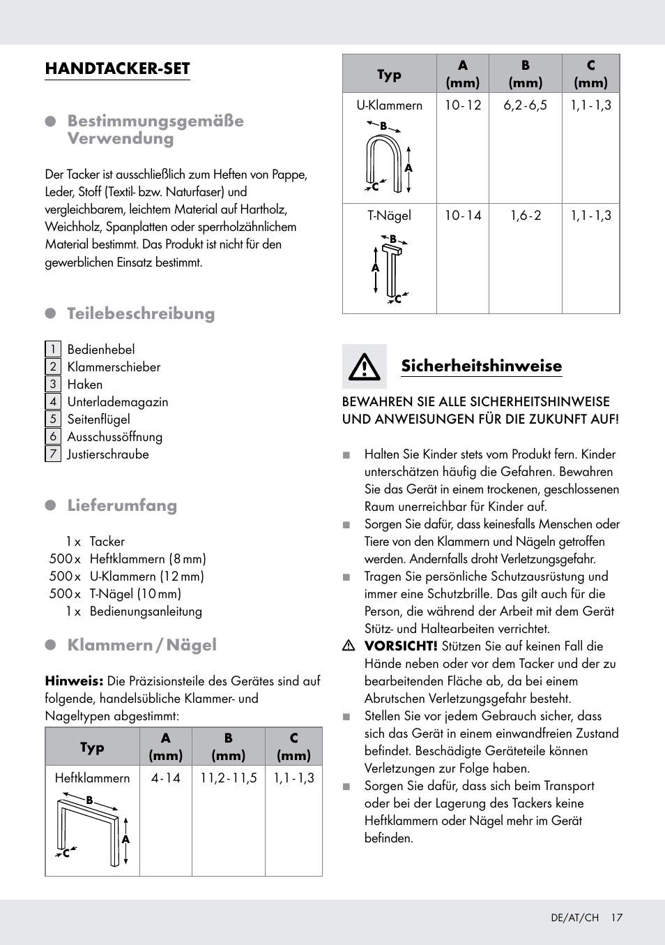 Handtacker-set, Bestimmungsgemäße verwendung, Teilebeschreibung | Lieferumfang, Klammern / nägel, Sicherheitshinweise | Powerfix  Z16531 User Manual | Page 17 / 20