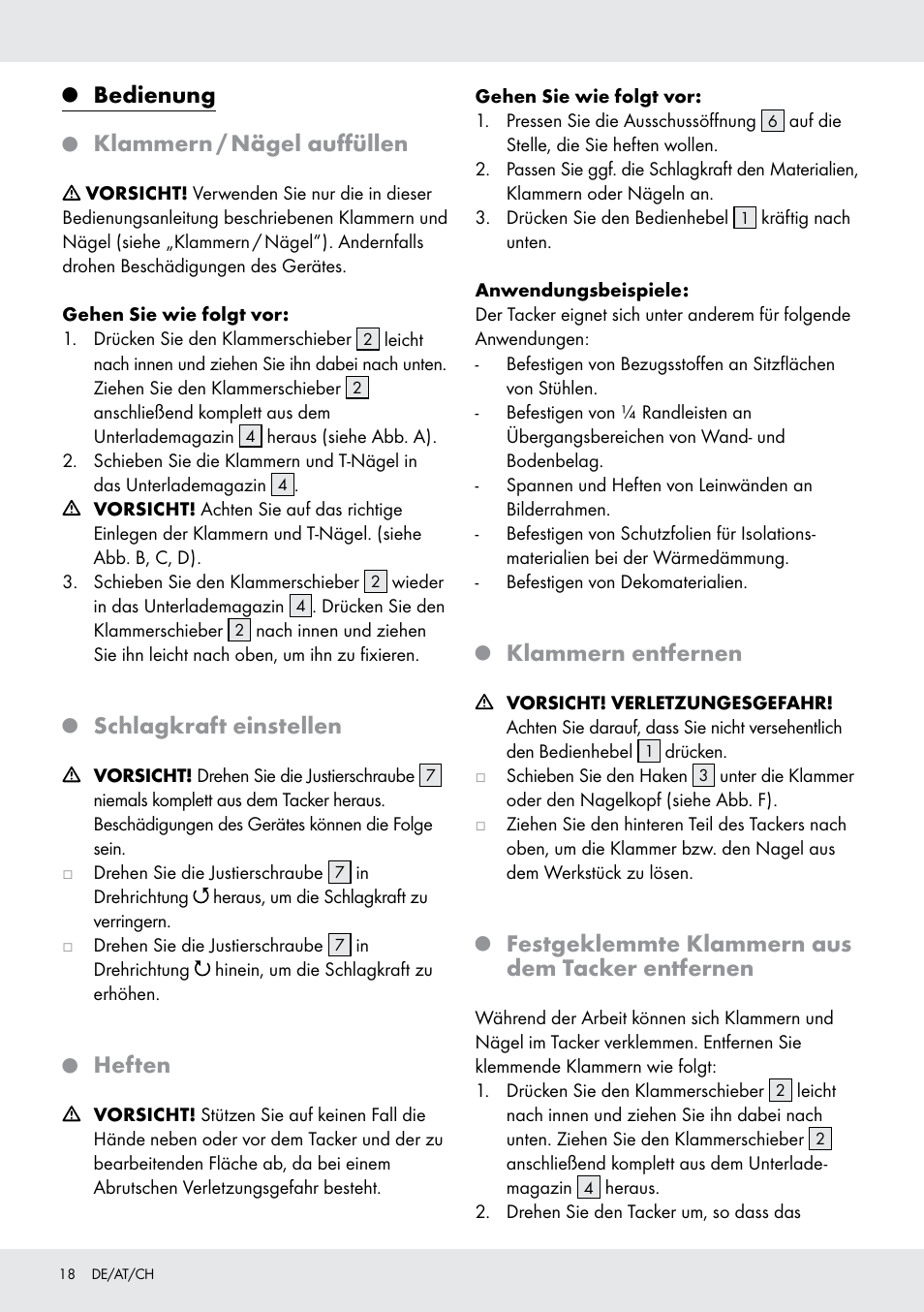 Bedienung, Klammern / nägel auffüllen, Schlagkraft einstellen | Heften, Klammern entfernen, Festgeklemmte klammern aus dem tacker entfernen | Powerfix  Z16531 User Manual | Page 18 / 20