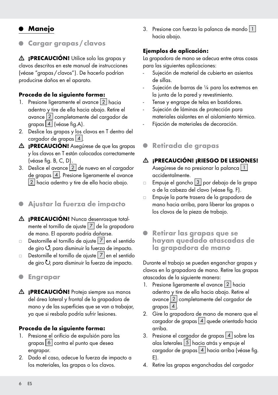 Manejo, Cargar grapas / clavos, Ajustar la fuerza de impacto | Engrapar, Retirada de grapas | Powerfix  Z16531 User Manual | Page 6 / 20