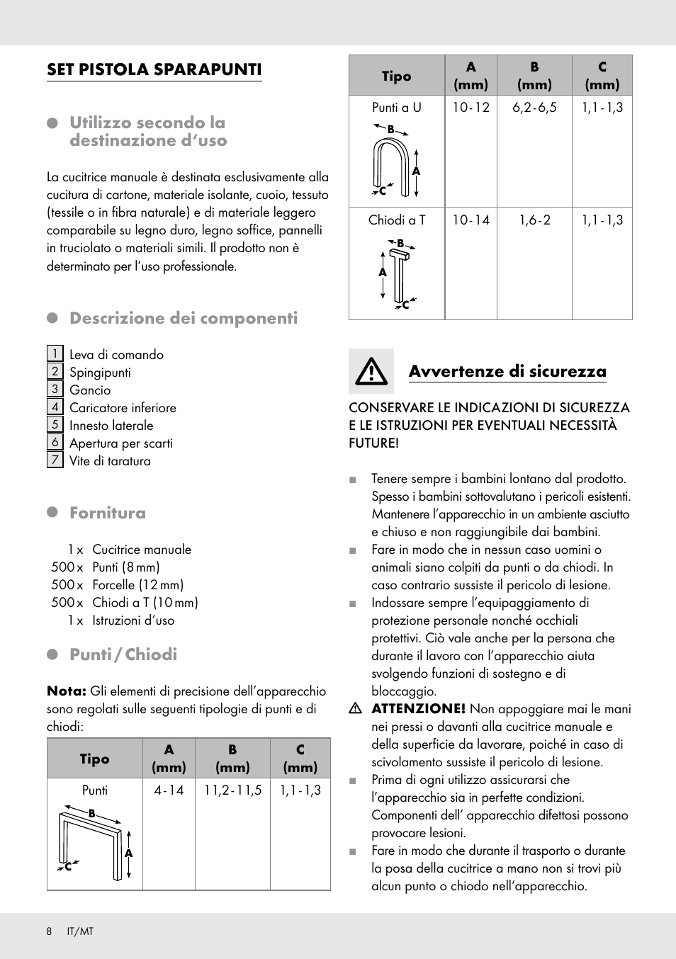 Set pistola sparapunti, Utilizzo secondo la destinazione d‘uso, Descrizione dei componenti | Fornitura, Punti / chiodi, Avvertenze di sicurezza | Powerfix  Z16531 User Manual | Page 8 / 20