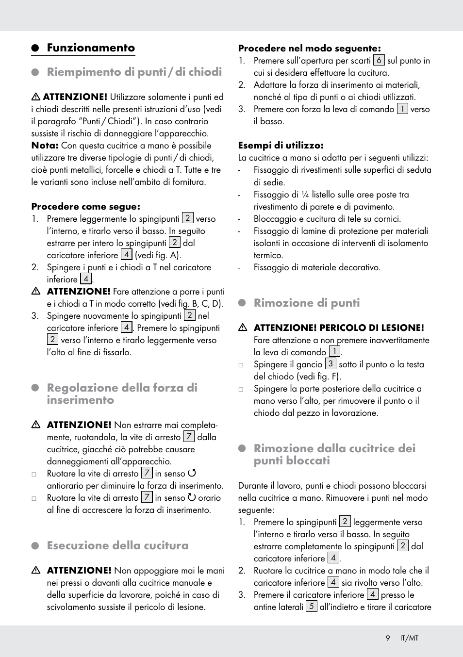 Funzionamento, Riempimento di punti / di chiodi, Regolazione della forza di inserimento | Esecuzione della cucitura, Rimozione di punti, Rimozione dalla cucitrice dei punti bloccati | Powerfix  Z16531 User Manual | Page 9 / 20