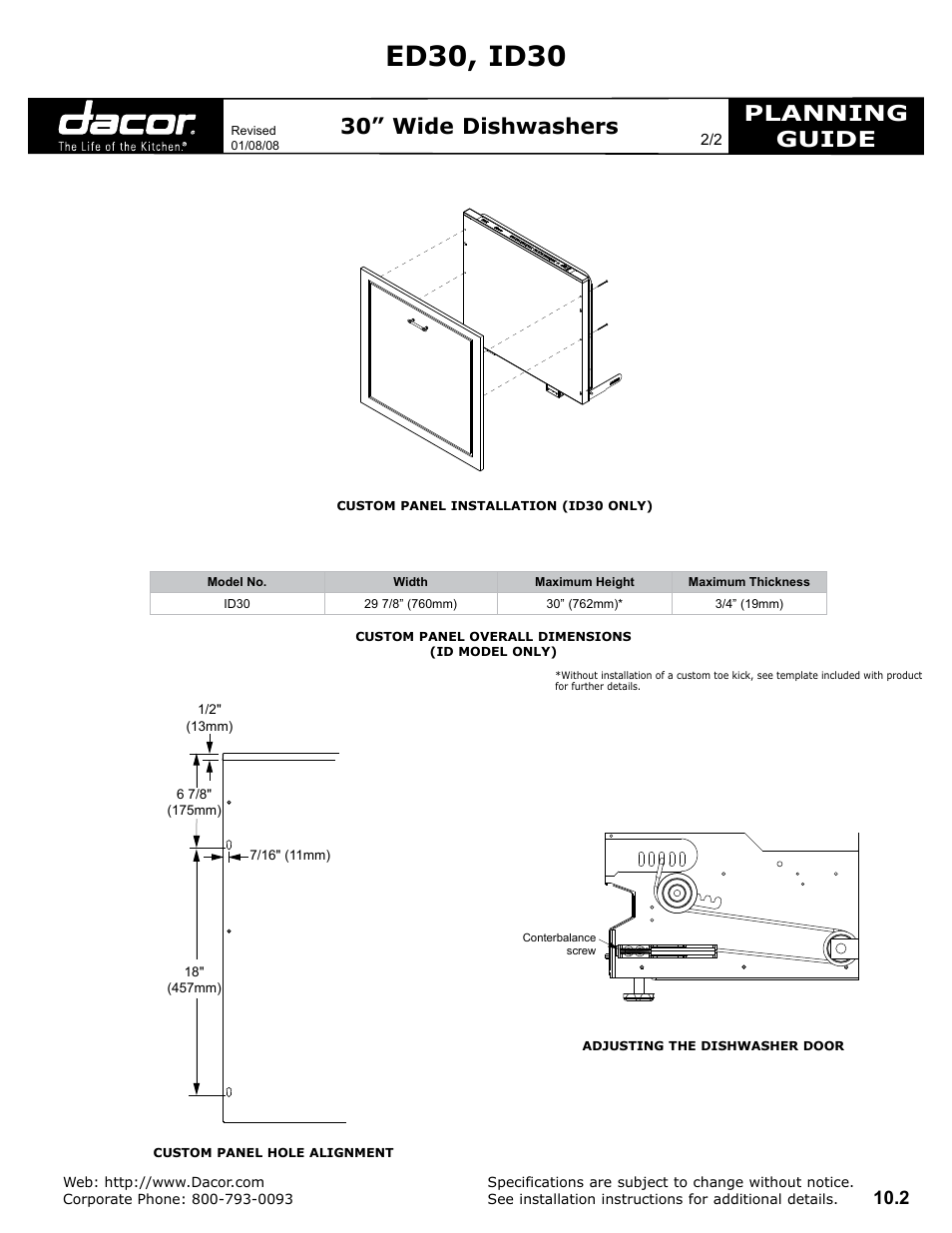 Ed30, id30, Planning guide, 30” wide dishwashers | Dacor ED30 User Manual | Page 2 / 2