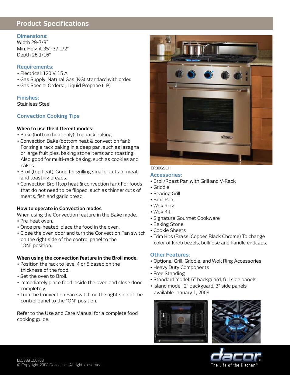 Product specifications | Dacor Epicure ER30GSCH User Manual | Page 2 / 2