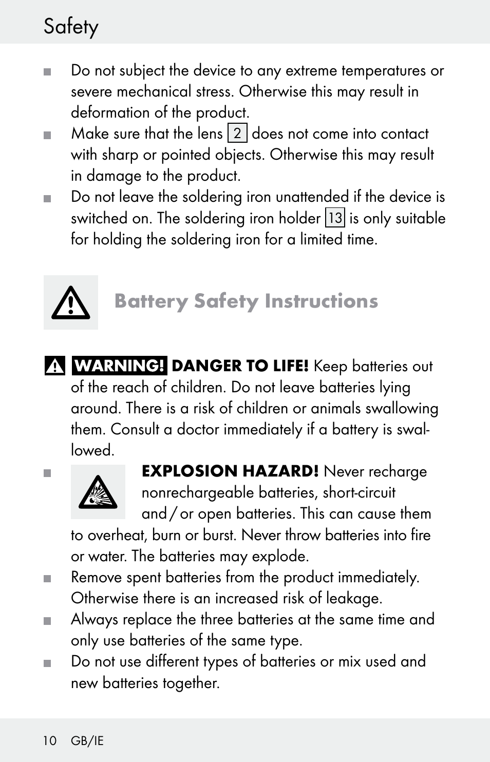 Safety, Battery safety instructions | Powerfix Z30225 User Manual | Page 10 / 84