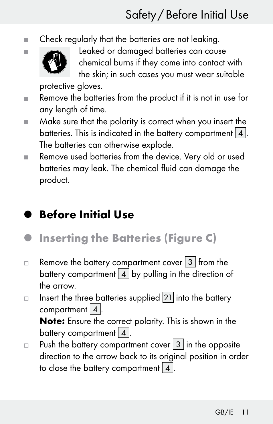 Safety / before initial use, Before initial use, Inserting the batteries (figure c) | Powerfix Z30225 User Manual | Page 11 / 84