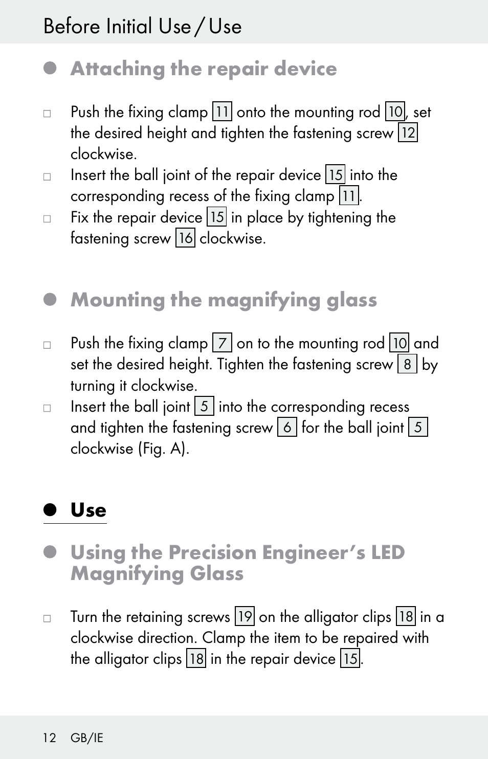 Before initial use / use, Attaching the repair device, Mounting the magnifying glass | Powerfix Z30225 User Manual | Page 12 / 84