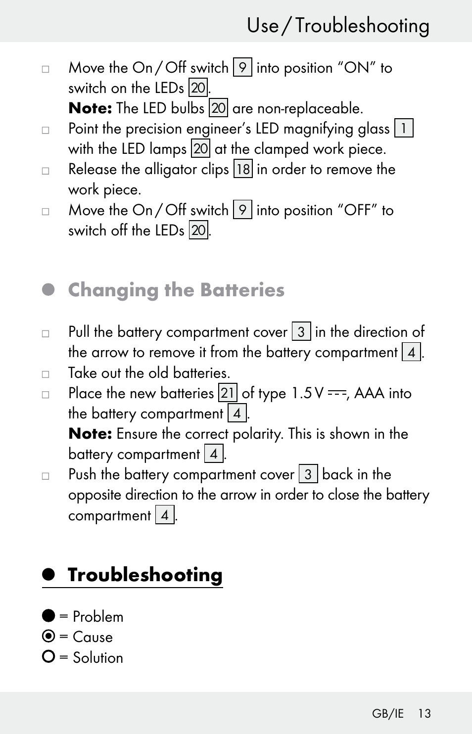 Use / troubleshooting, Changing the batteries, Troubleshooting | Powerfix Z30225 User Manual | Page 13 / 84