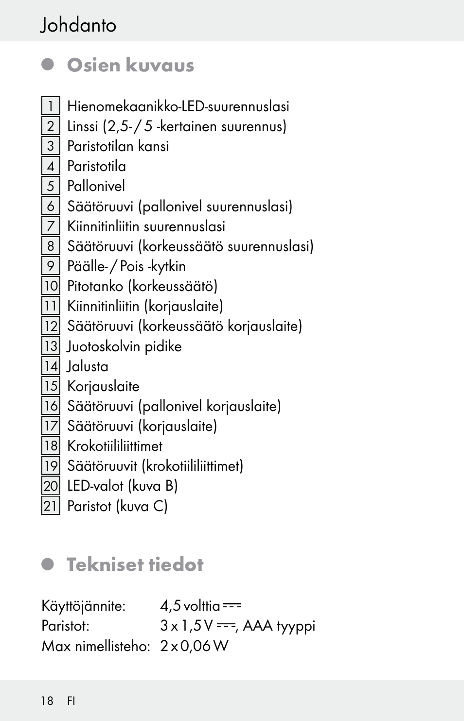 Johdanto, Osien kuvaus, Tekniset tiedot | Powerfix Z30225 User Manual | Page 18 / 84