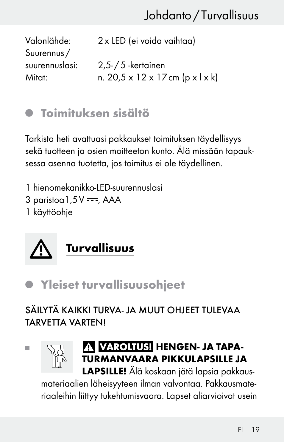 Johdanto / turvallisuus, Toimituksen sisältö, Turvallisuus | Yleiset turvallisuusohjeet | Powerfix Z30225 User Manual | Page 19 / 84