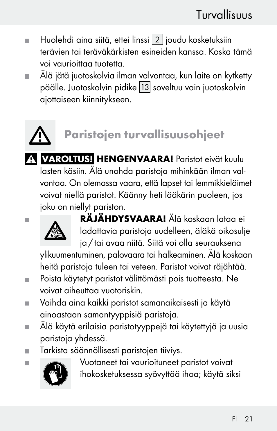 Turvallisuus, Paristojen turvallisuusohjeet | Powerfix Z30225 User Manual | Page 21 / 84