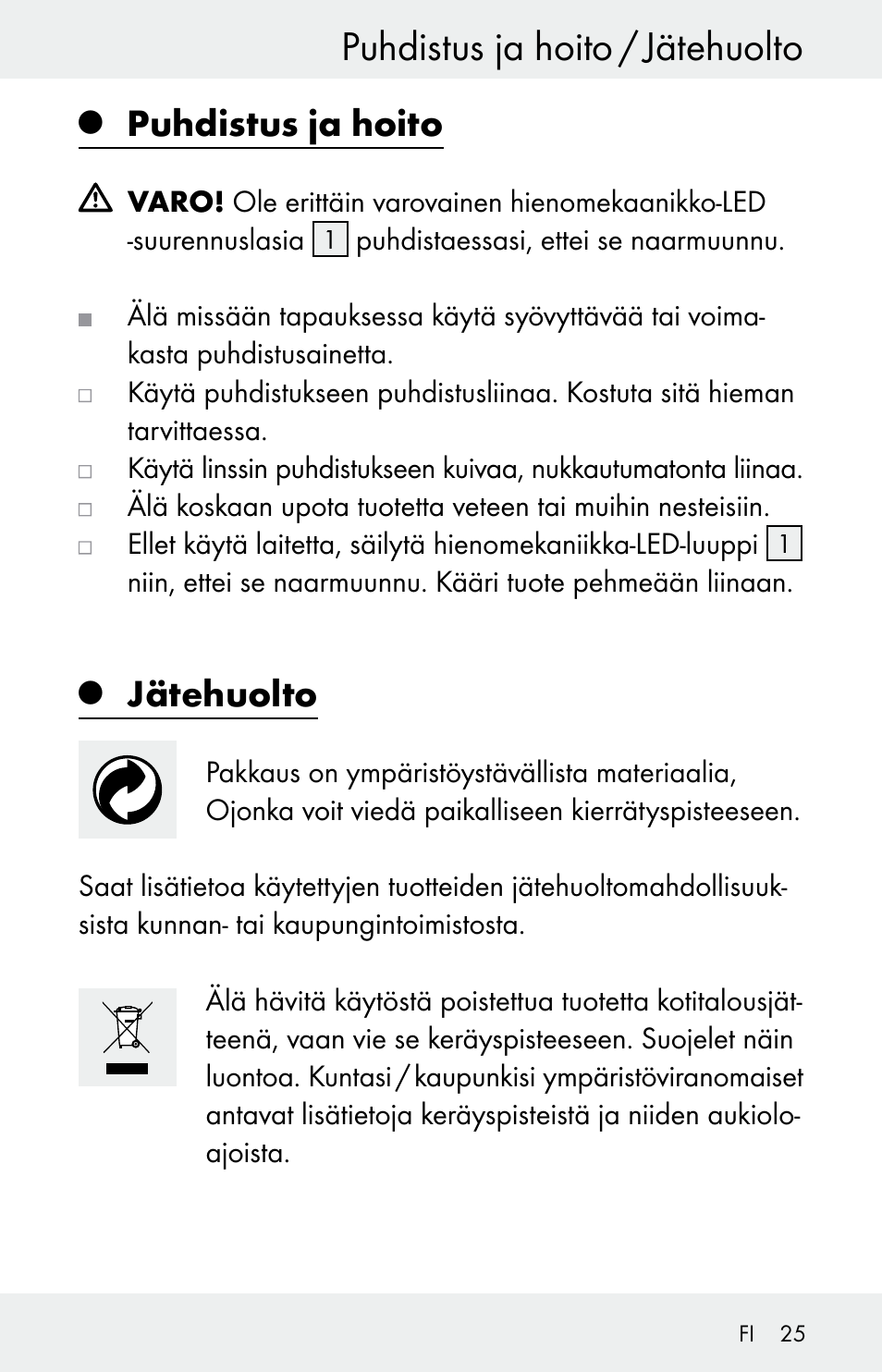 Puhdistus ja hoito / jätehuolto, Puhdistus ja hoito, Jätehuolto | Powerfix Z30225 User Manual | Page 25 / 84