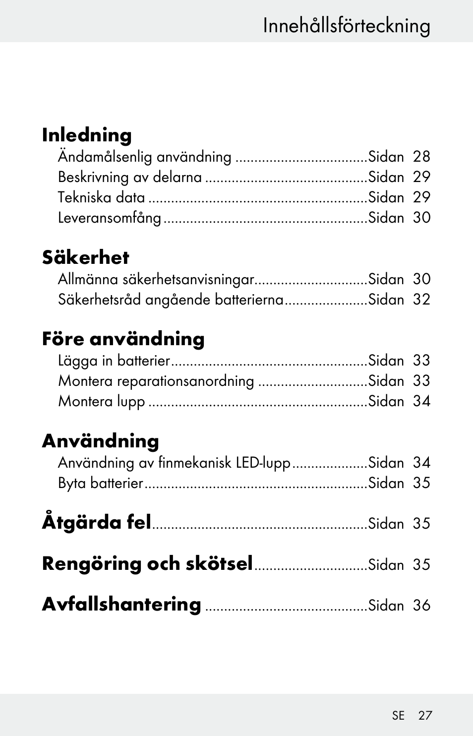 Innehållsförteckning, Inledning, Säkerhet | Före användning, Användning, Åtgärda fel, Rengöring och skötsel, Avfallshantering | Powerfix Z30225 User Manual | Page 27 / 84