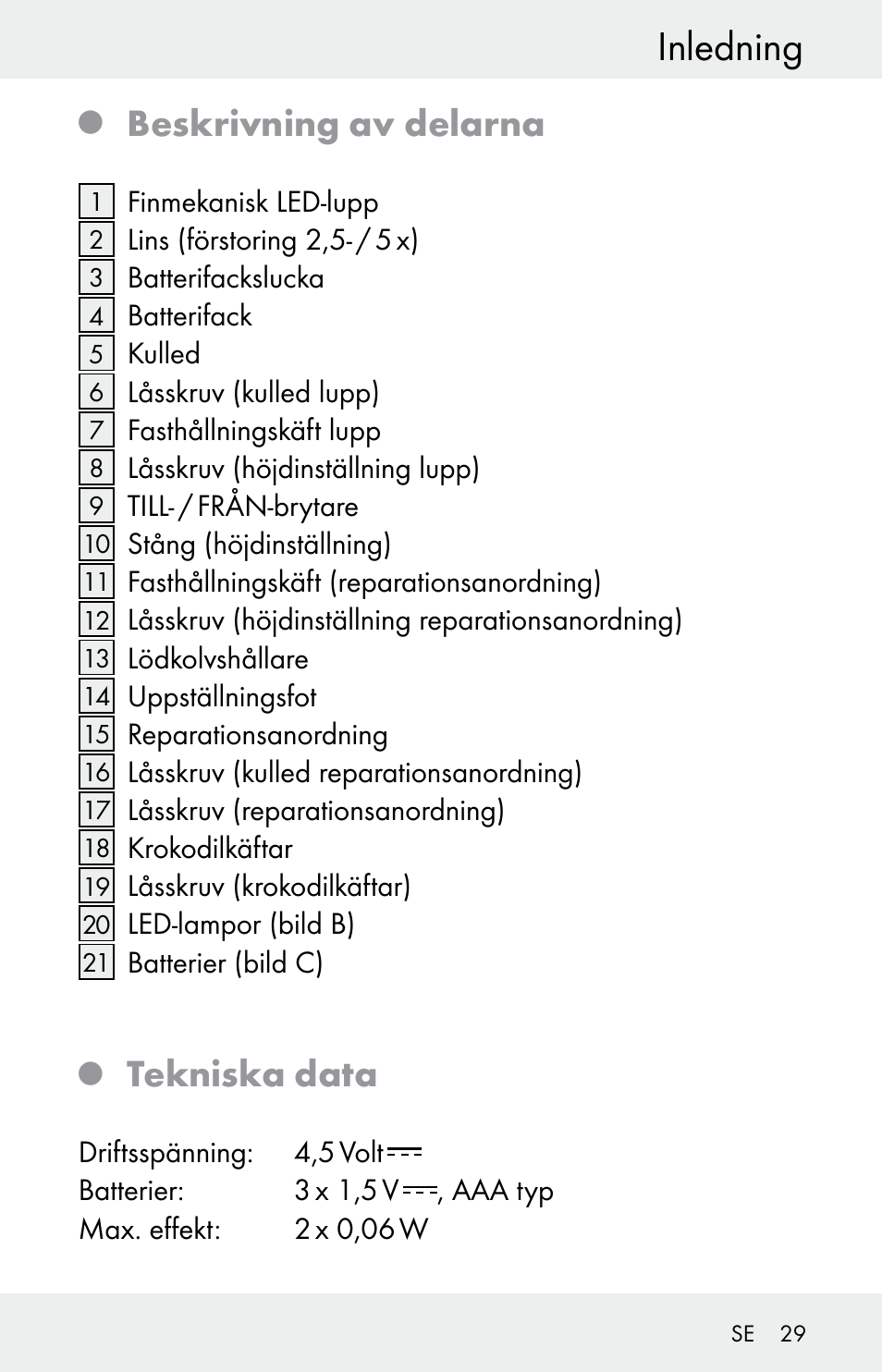 Inledning, Beskrivning av delarna, Tekniska data | Powerfix Z30225 User Manual | Page 29 / 84