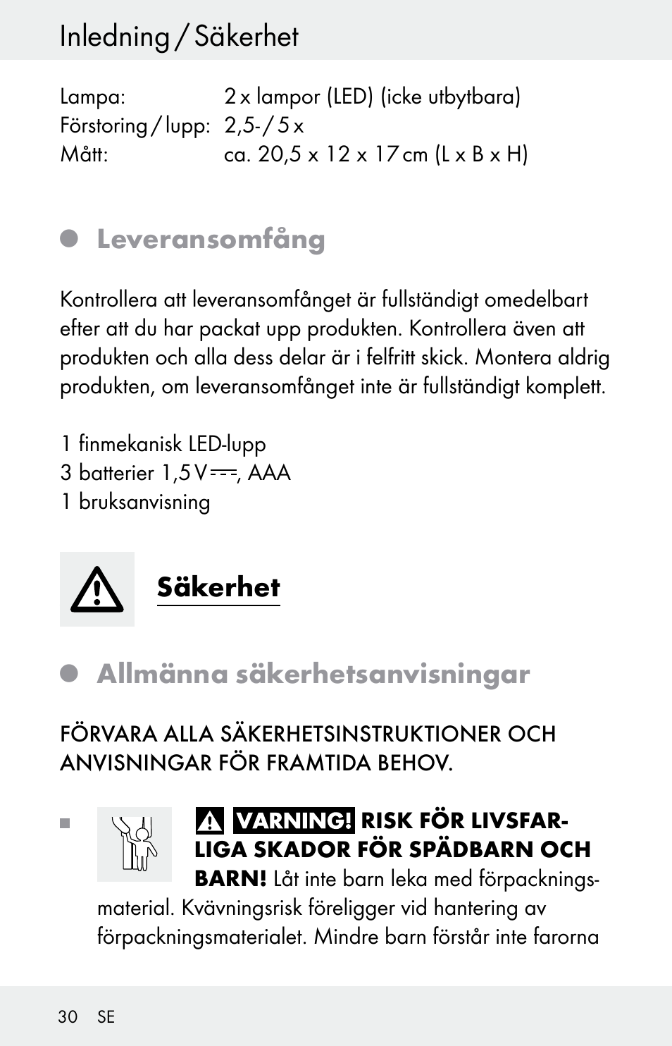 Inledning / säkerhet, Leveransomfång, Säkerhet | Allmänna säkerhetsanvisningar | Powerfix Z30225 User Manual | Page 30 / 84