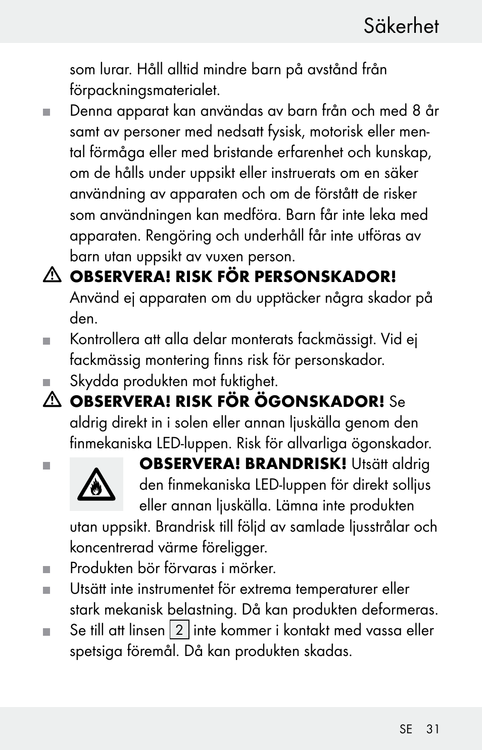 Säkerhet | Powerfix Z30225 User Manual | Page 31 / 84