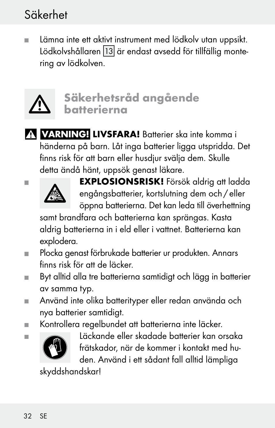 Säkerhet, Säkerhetsråd angående batterierna | Powerfix Z30225 User Manual | Page 32 / 84