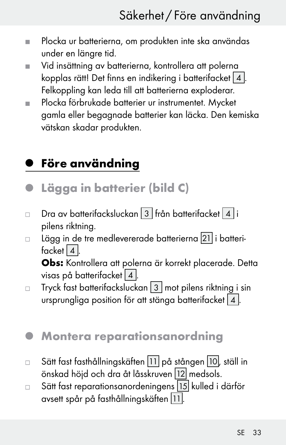 Säkerhet / före användning, Före användning, Lägga in batterier (bild c) | Montera reparationsanordning | Powerfix Z30225 User Manual | Page 33 / 84