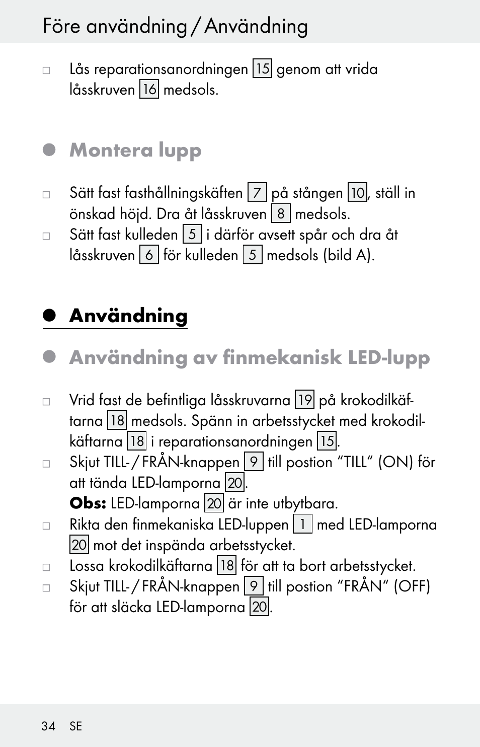 Före användning / användning, Montera lupp, Användning | Användning av finmekanisk led-lupp | Powerfix Z30225 User Manual | Page 34 / 84