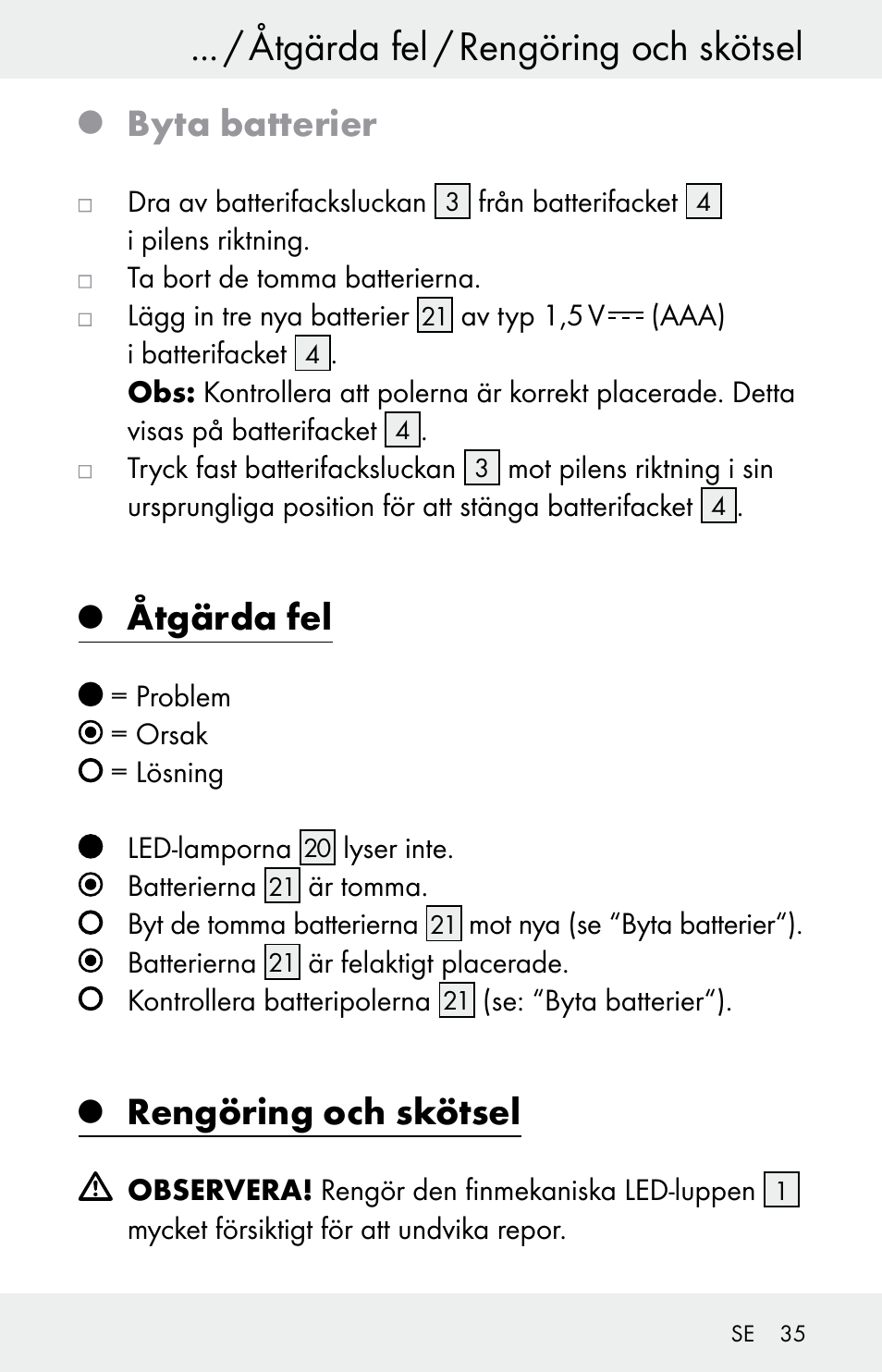 Åtgärda fel / rengöring och skötsel, Byta batterier, Åtgärda fel | Rengöring och skötsel | Powerfix Z30225 User Manual | Page 35 / 84