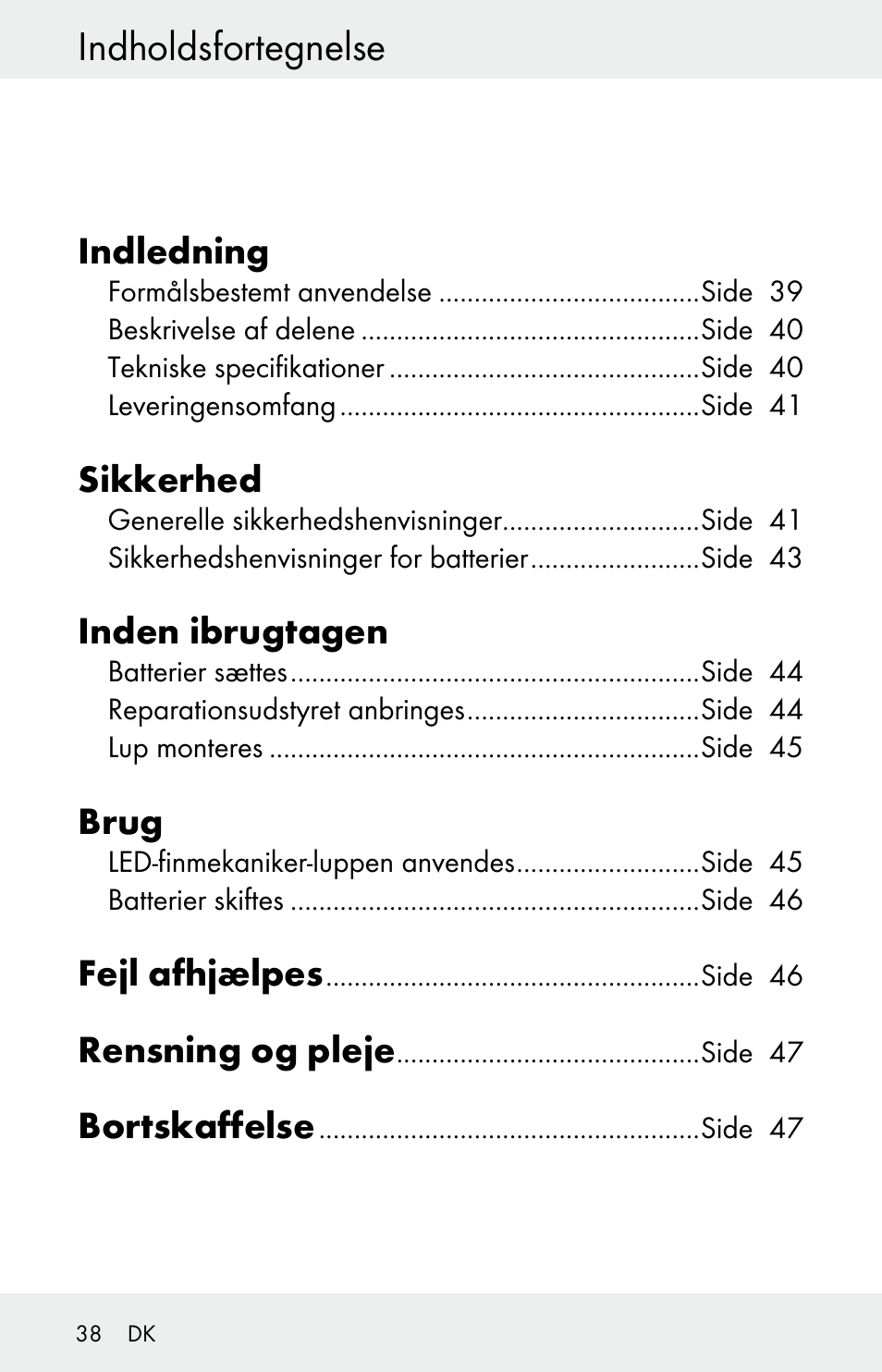 Indholdsfortegnelse | Powerfix Z30225 User Manual | Page 38 / 84