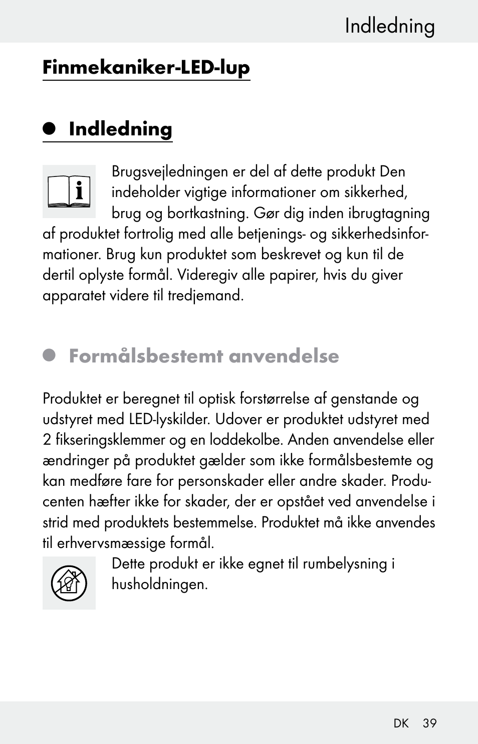 Indledning, Finmekaniker-led-lup, Formålsbestemt anvendelse | Powerfix Z30225 User Manual | Page 39 / 84