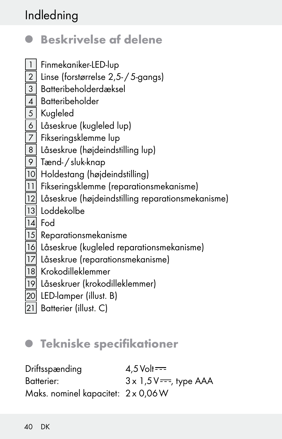 Indledning, Beskrivelse af delene, Tekniske specifikationer | Powerfix Z30225 User Manual | Page 40 / 84