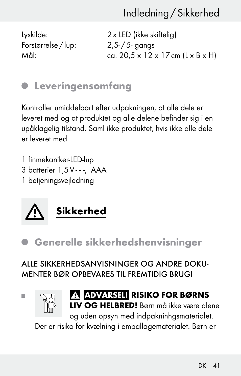 Indledning / sikkerhed, Leveringensomfang, Sikkerhed | Generelle sikkerhedshenvisninger | Powerfix Z30225 User Manual | Page 41 / 84