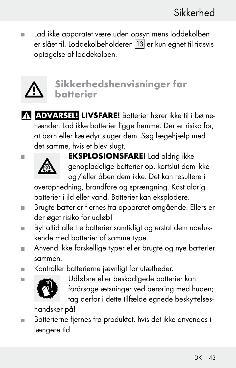 Sikkerhed, Sikkerhedshenvisninger for batterier | Powerfix Z30225 User Manual | Page 43 / 84