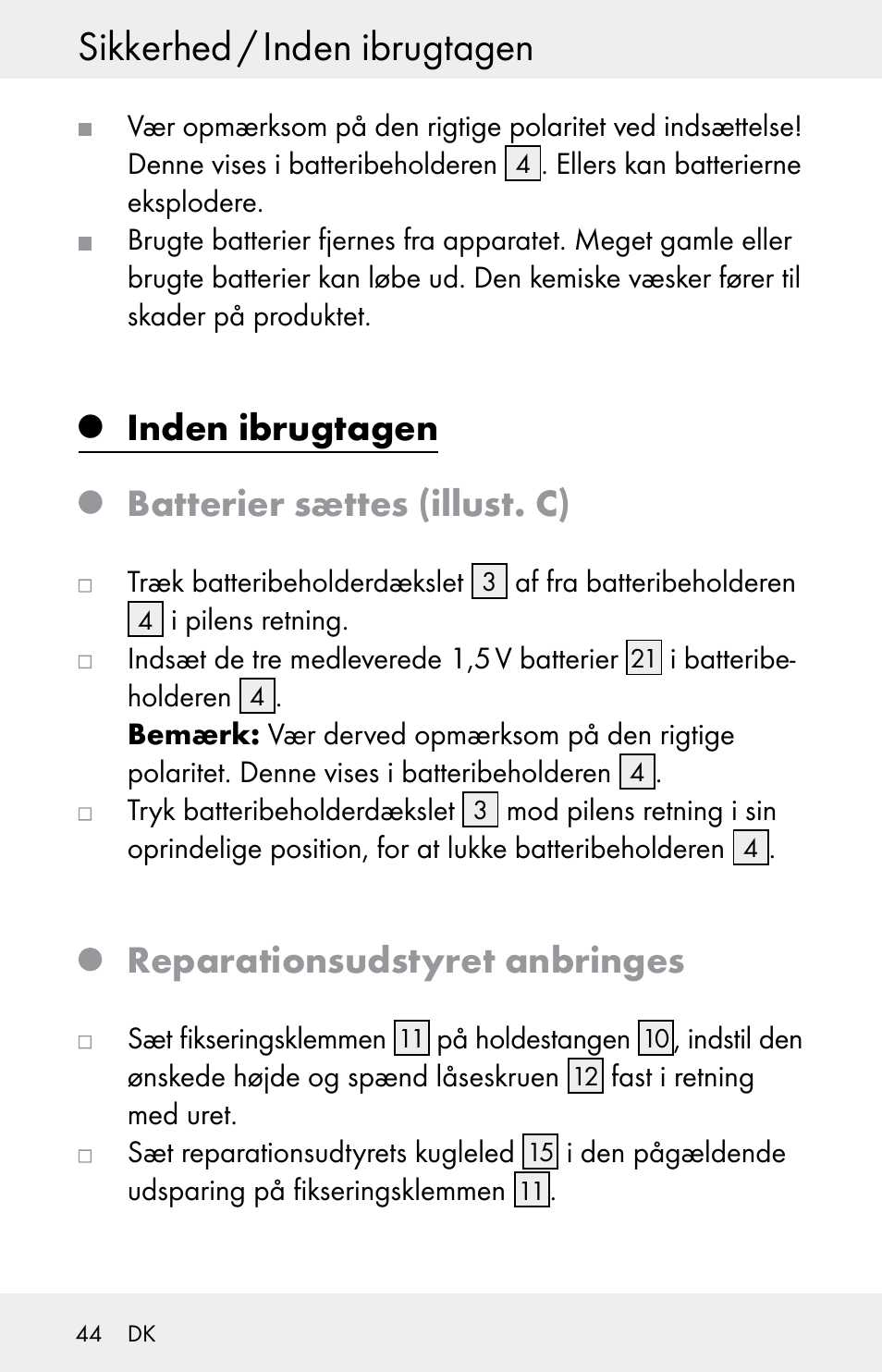 Sikkerhed / inden ibrugtagen, Inden ibrugtagen, Batterier sættes (illust. c) | Reparationsudstyret anbringes | Powerfix Z30225 User Manual | Page 44 / 84