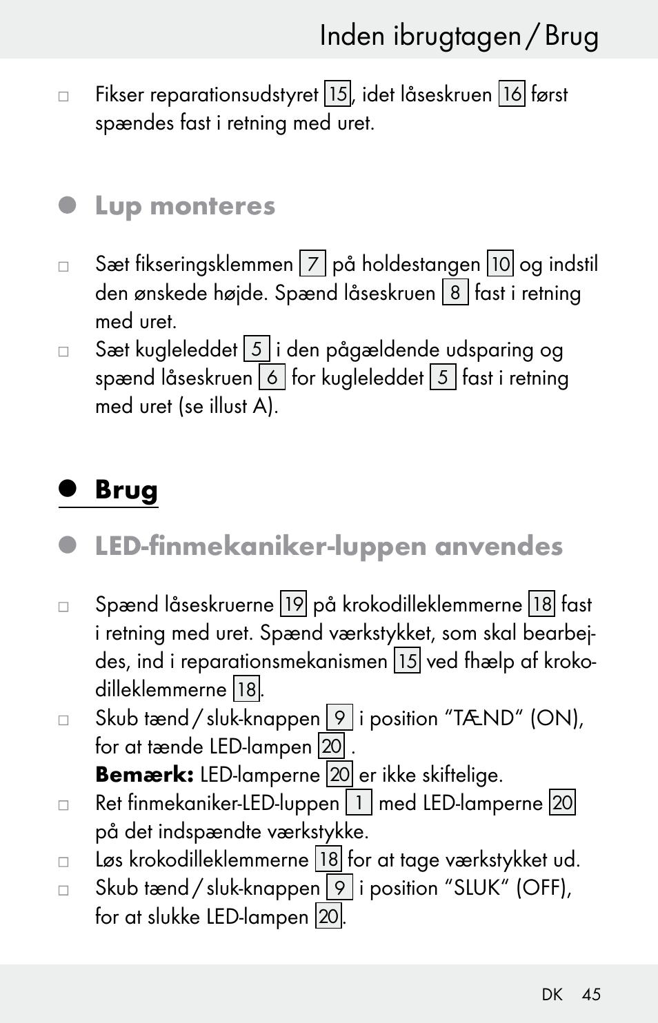 Inden ibrugtagen / brug, Lup monteres, Brug | Led-finmekaniker-luppen anvendes | Powerfix Z30225 User Manual | Page 45 / 84