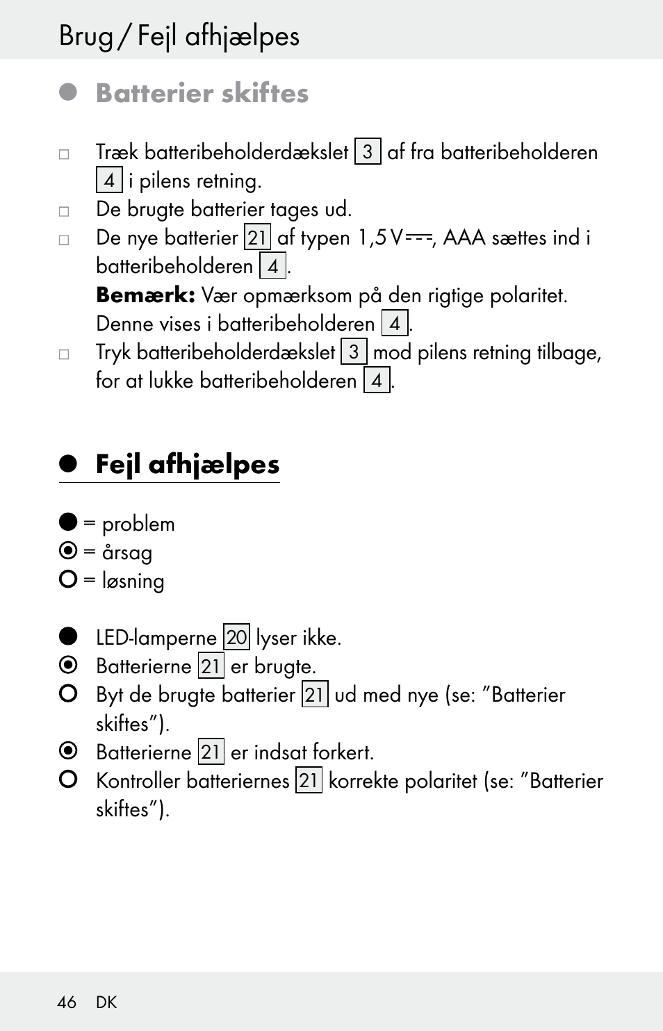 Brug / fejl afhjælpes, Batterier skiftes, Fejl afhjælpes | Powerfix Z30225 User Manual | Page 46 / 84