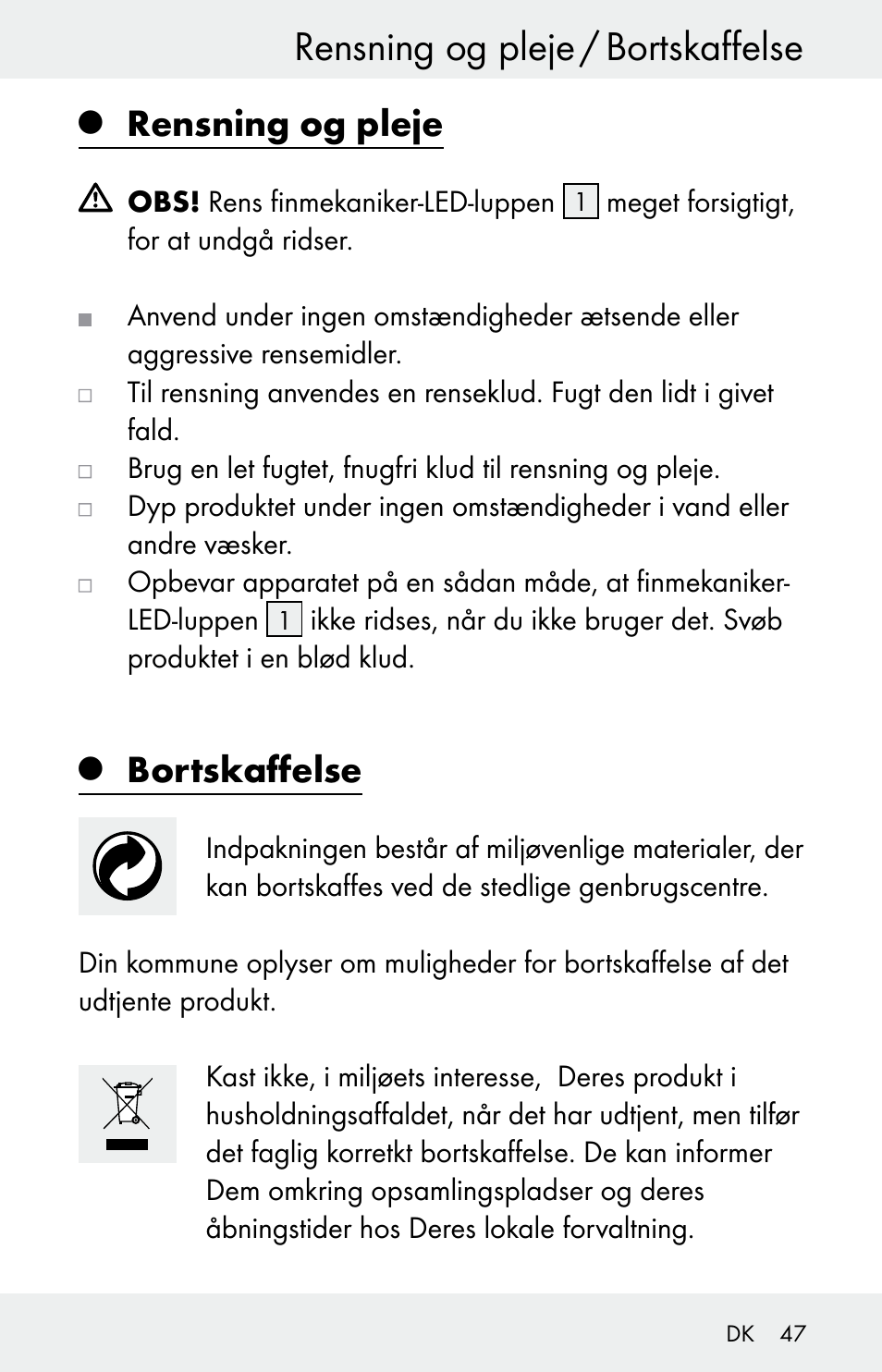 Rensning og pleje / bortskaffelse, Rensning og pleje, Bortskaffelse | Powerfix Z30225 User Manual | Page 47 / 84