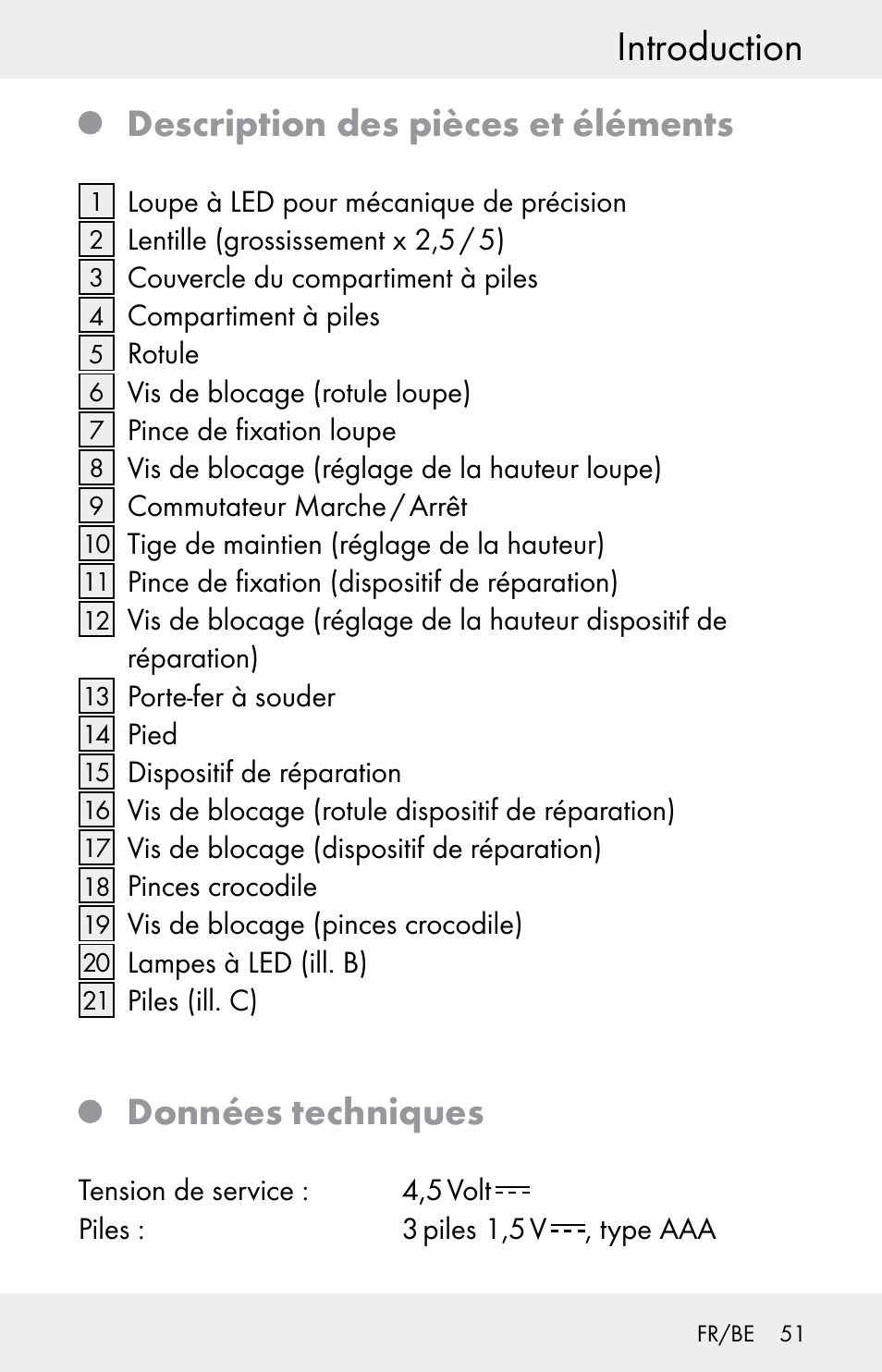 Introduction, Description des pièces et éléments, Données techniques | Powerfix Z30225 User Manual | Page 51 / 84