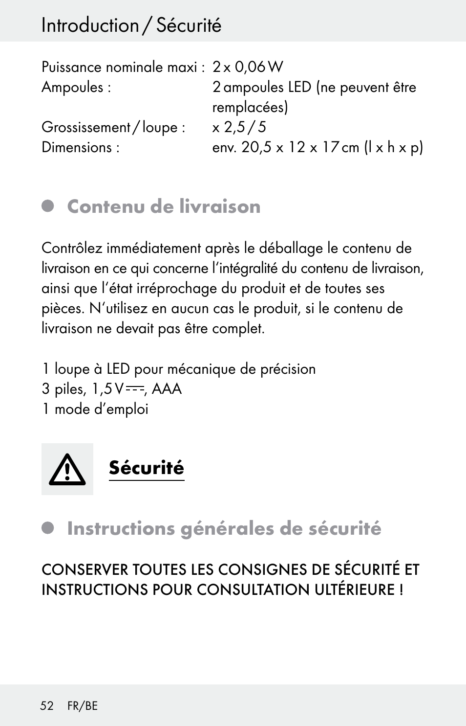 Introduction / sécurité, Contenu de livraison, Sécurité | Instructions générales de sécurité | Powerfix Z30225 User Manual | Page 52 / 84