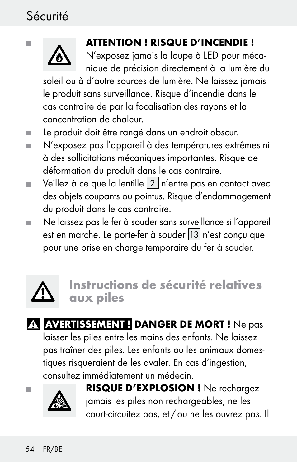 Sécurité, Instructions de sécurité relatives aux piles | Powerfix Z30225 User Manual | Page 54 / 84