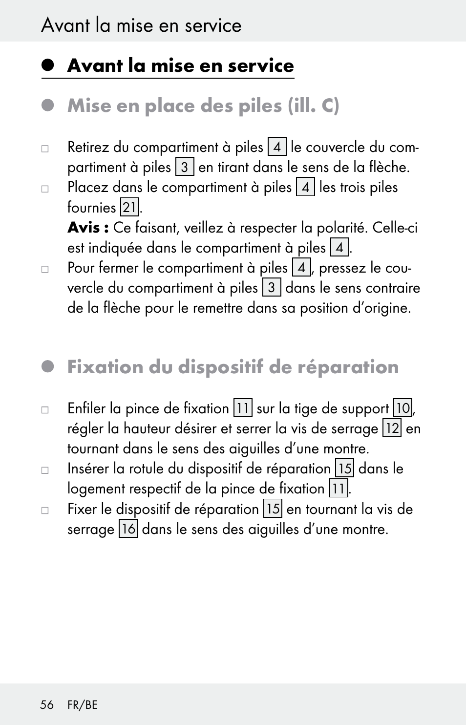 Avant la mise en service, Mise en place des piles (ill. c), Fixation du dispositif de réparation | Powerfix Z30225 User Manual | Page 56 / 84