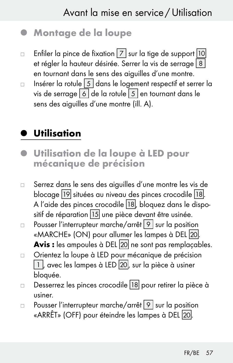 Avant la mise en service / utilisation, Montage de la loupe, Utilisation | Powerfix Z30225 User Manual | Page 57 / 84