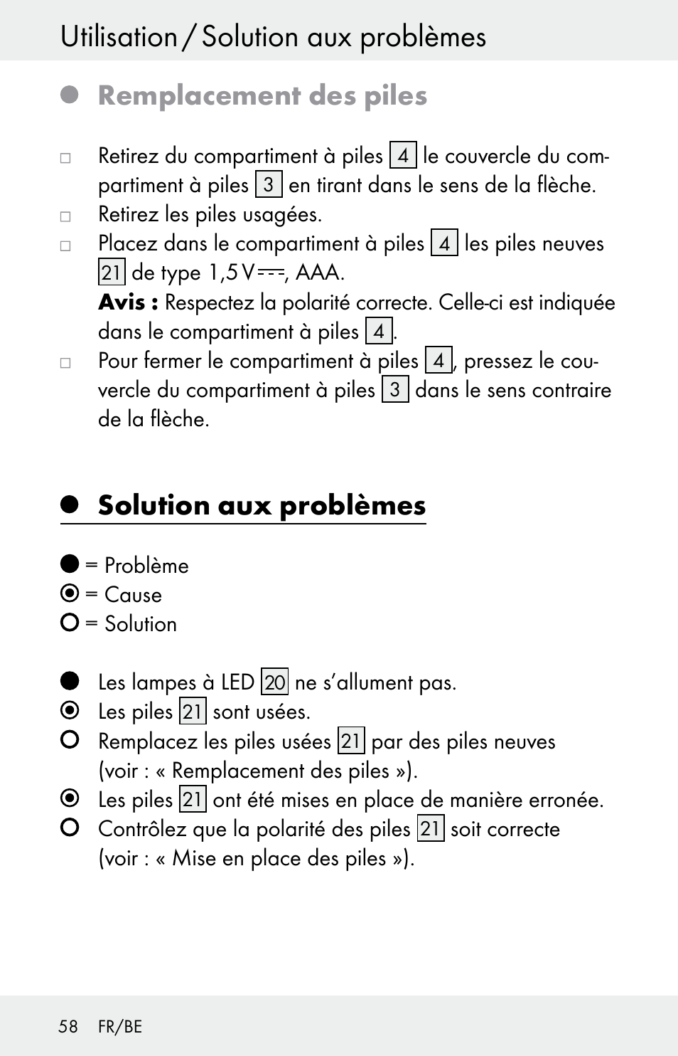 Utilisation / solution aux problèmes, Remplacement des piles, Solution aux problèmes | Powerfix Z30225 User Manual | Page 58 / 84