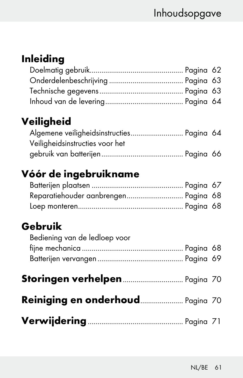 Inhoudsopgave, Inleiding, Veiligheid | Vóór de ingebruikname, Gebruik, Storingen verhelpen, Reiniging en onderhoud, Verwijdering | Powerfix Z30225 User Manual | Page 61 / 84