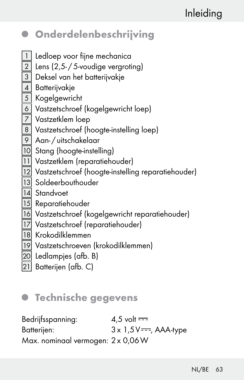 Inleiding, Onderdelenbeschrijving, Technische gegevens | Powerfix Z30225 User Manual | Page 63 / 84