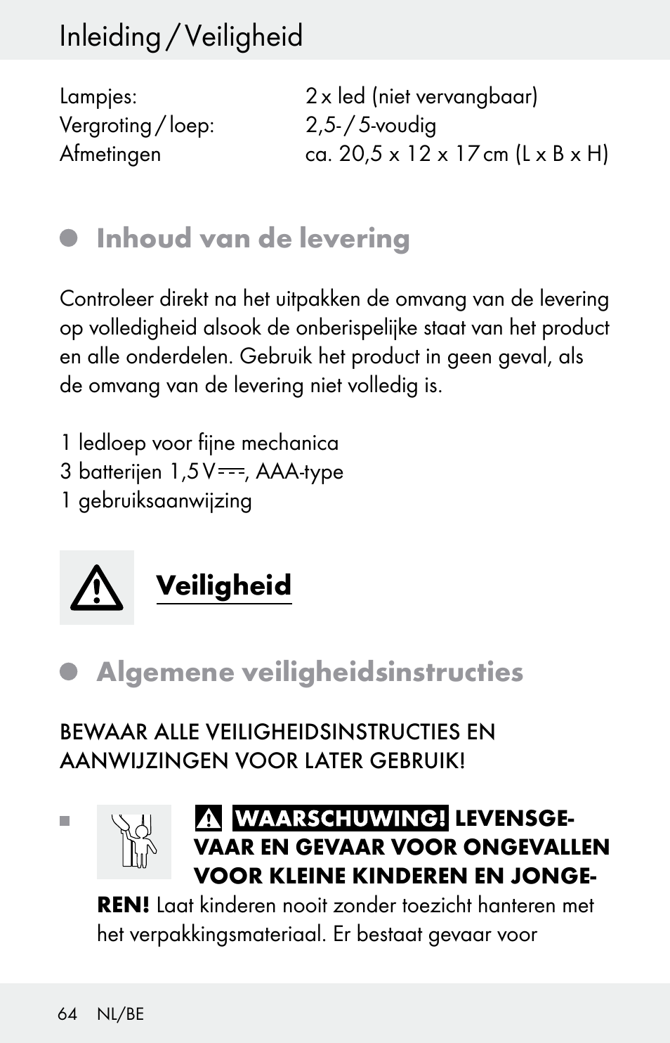 Inleiding / veiligheid, Inhoud van de levering, Veiligheid | Algemene veiligheidsinstructies | Powerfix Z30225 User Manual | Page 64 / 84