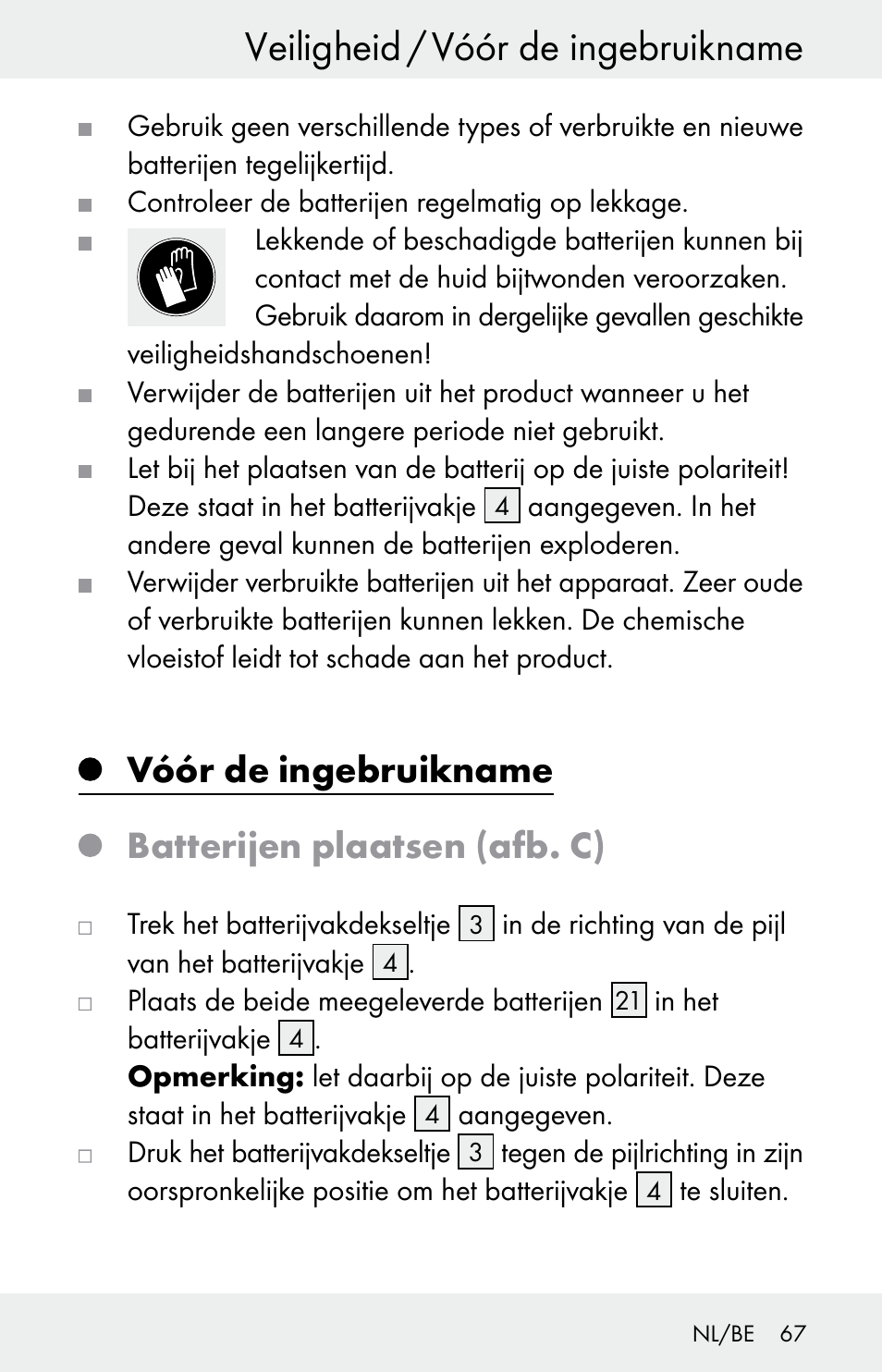 Veiligheid / vóór de ingebruikname, Vóór de ingebruikname, Batterijen plaatsen (afb. c) | Powerfix Z30225 User Manual | Page 67 / 84