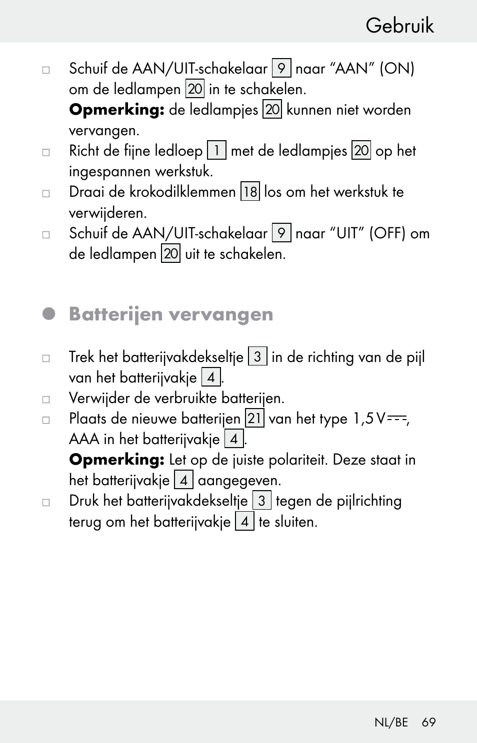 Gebruik, Batterijen vervangen | Powerfix Z30225 User Manual | Page 69 / 84