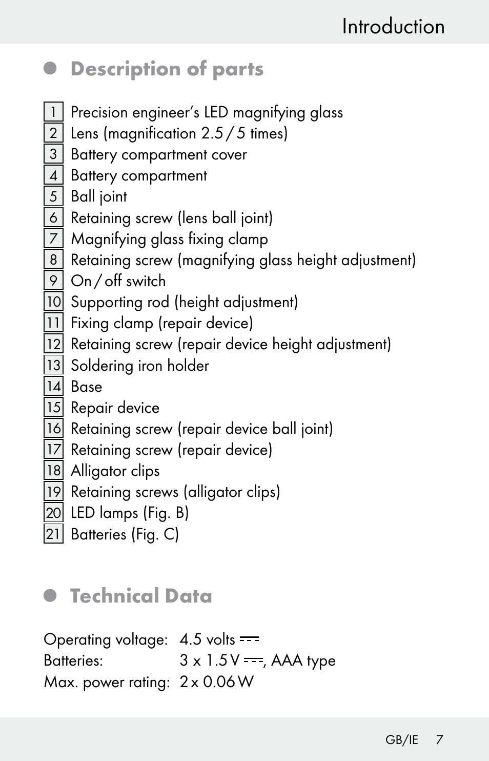 Introduction, Description of parts, Technical data | Powerfix Z30225 User Manual | Page 7 / 84