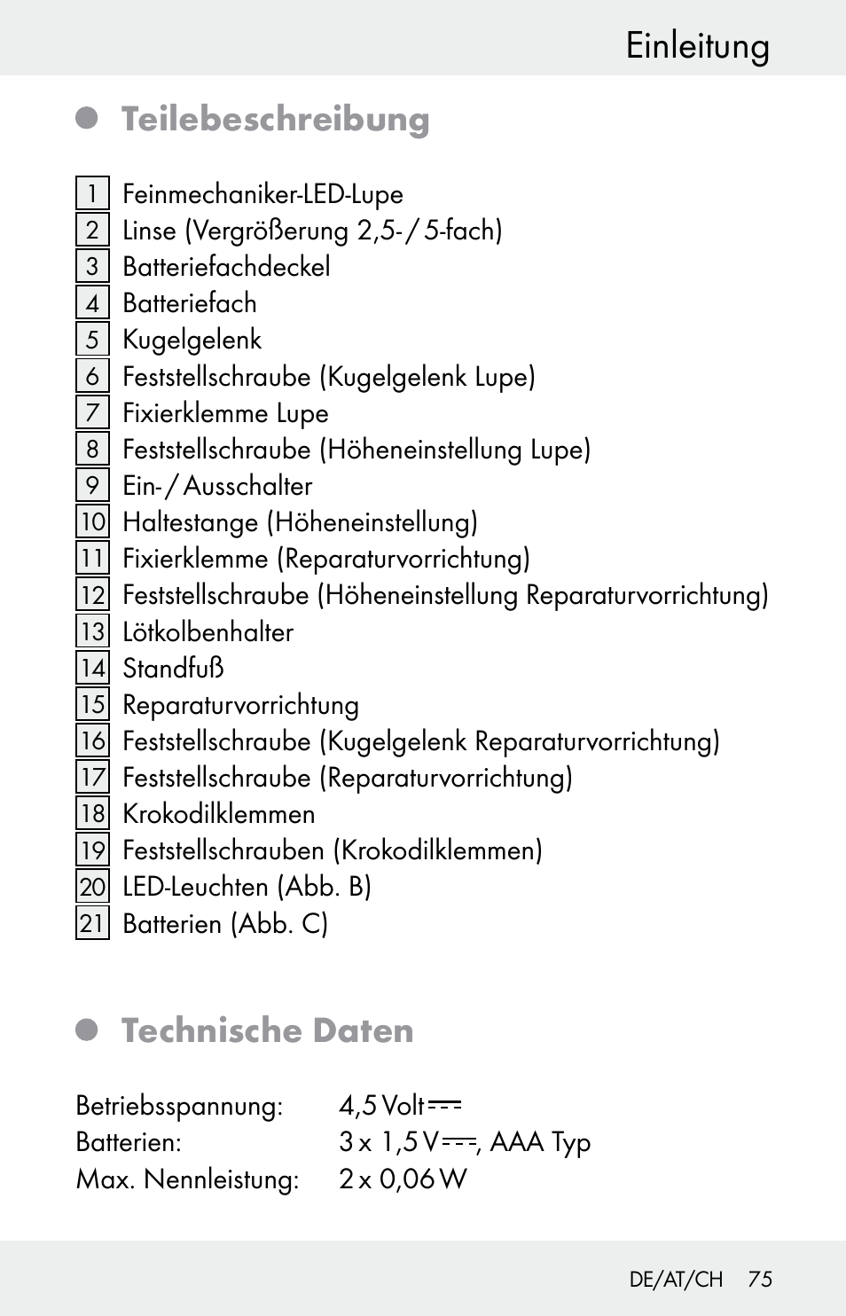 Einleitung, Teilebeschreibung, Technische daten | Powerfix Z30225 User Manual | Page 75 / 84