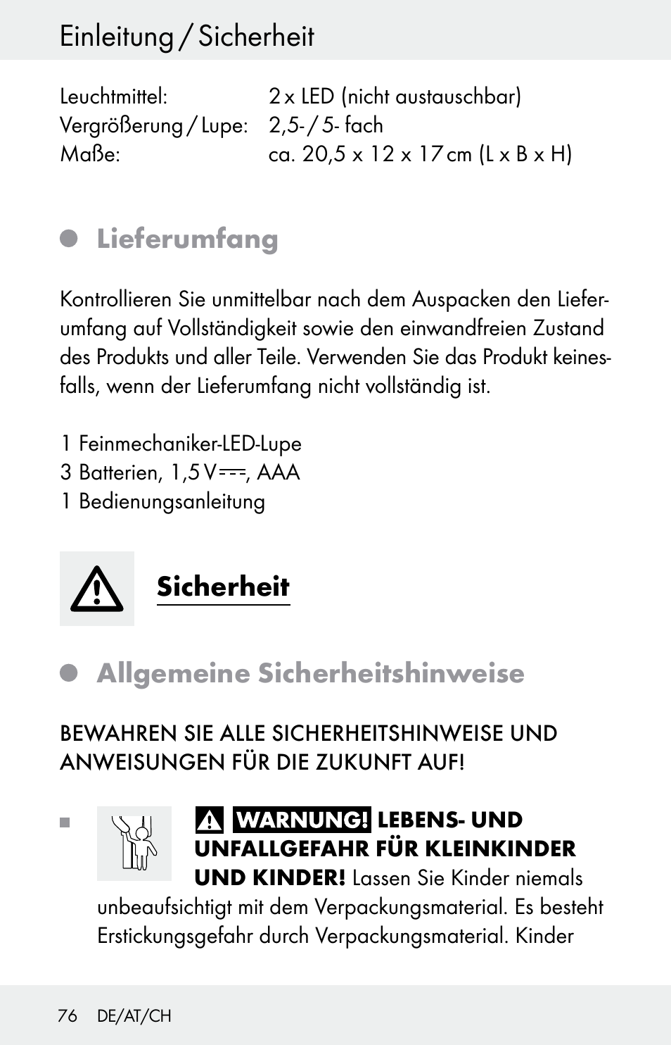 Einleitung / sicherheit, Lieferumfang, Sicherheit | Allgemeine sicherheitshinweise | Powerfix Z30225 User Manual | Page 76 / 84